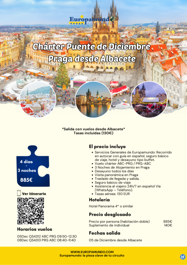 Chrter Puente de Diciembre Praga desde Albacete: 4 das 885 € (vuelos y tasas incluidas)