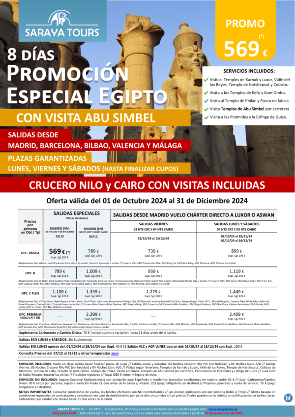 Promo Egipto con Abu Simbel 8d Vuelo a Lxr o Asw * Mad, Bcn, Bio, Vlc, Agp *Crucero Nilo y Cairo  dsd 569 € 