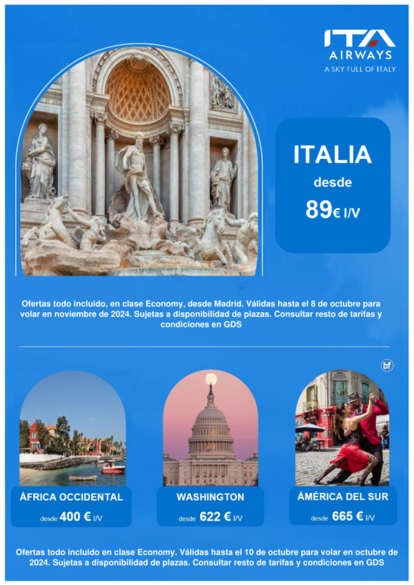 Aprovecha las ofertas de ITA Airways a Italia desde 89 € I/V y a destinos Intercontinentales desde 400 € I/V. 