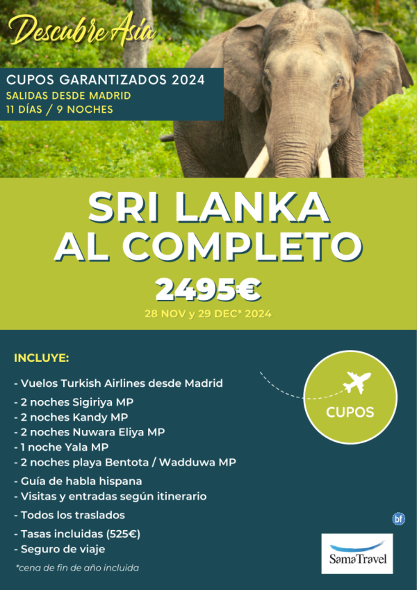 \-SRI LANKA al Completo\-: Circuito 11 das - Cupos Garantizados de Madrid de Nov a Dec (2024) **desde 2.495 € **