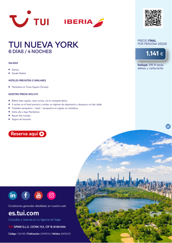 TUI Nueva York. 6 d / 4 n. Vuelos con IB. Salidas diarias desde MAD desde 1.141 € 