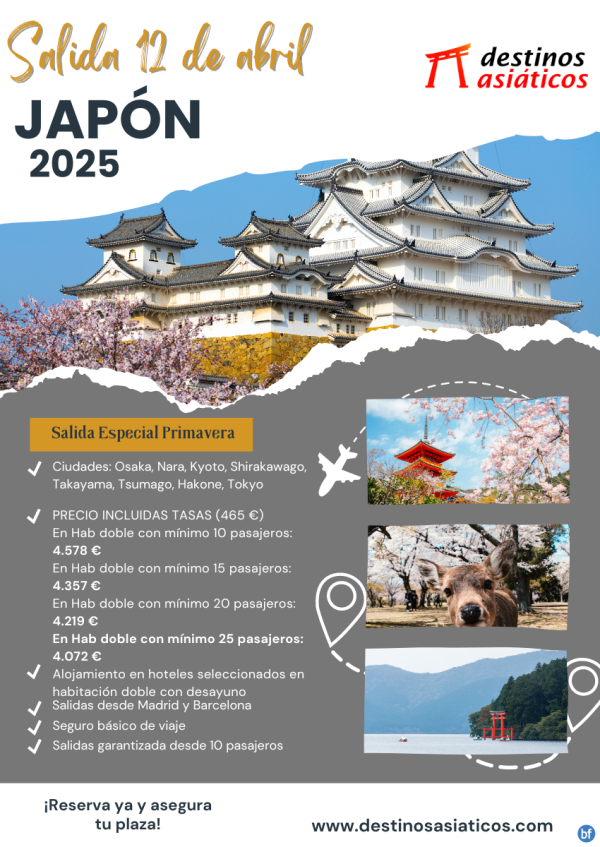 JAPN Salida Especial Floracin de Cerezos. 12 abril 25. Precio desde 4072 € incluidas tasas