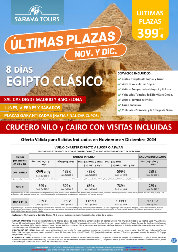 ltimas Plazas Noviembre y Diciembre: Egipto Clsico 8d dsd 399 € Crz y cai con Visitas Incl. Plazas Limitadas