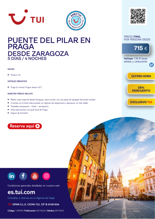 Puente del Pilar en Praga. 5 d / 4 n. Easy TUI. Exclusivo TUI. 25% Dto. 09 oct desde ZAZ desde 715 € 