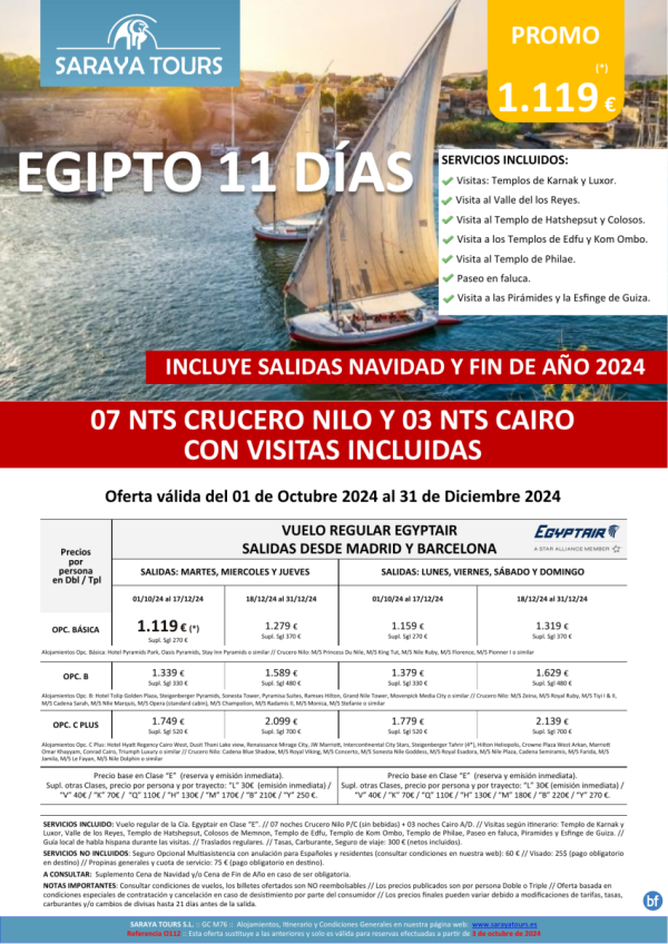 Egipto 11 das. Salidas Mad y Bcn *Crucero 7 noches y Cairo con Visitas Incluidas* dsd 109 € hasta Abril 25