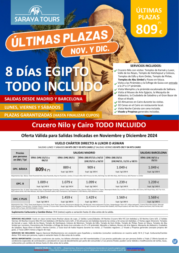 ltimas Plazas: Egipto Todo Incluido. Bcn y Mad dsd 889 € *Crucero  y Cairo con Visitas, visado y propinas *