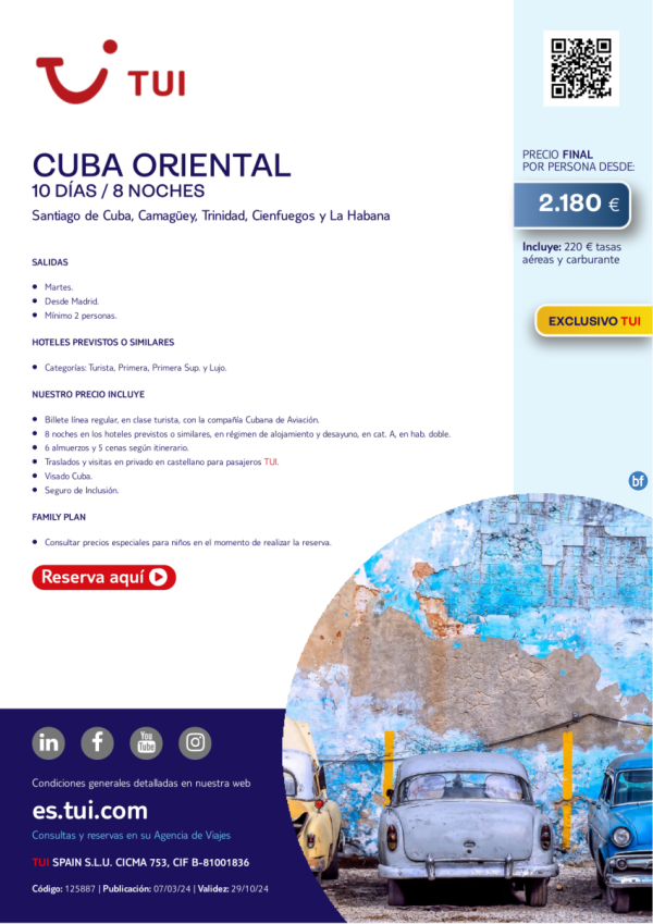 Cuba Oriental. 10 d / 8 n. Exclusivo TUI. Salida martes desde MAD desde 2.180 € 