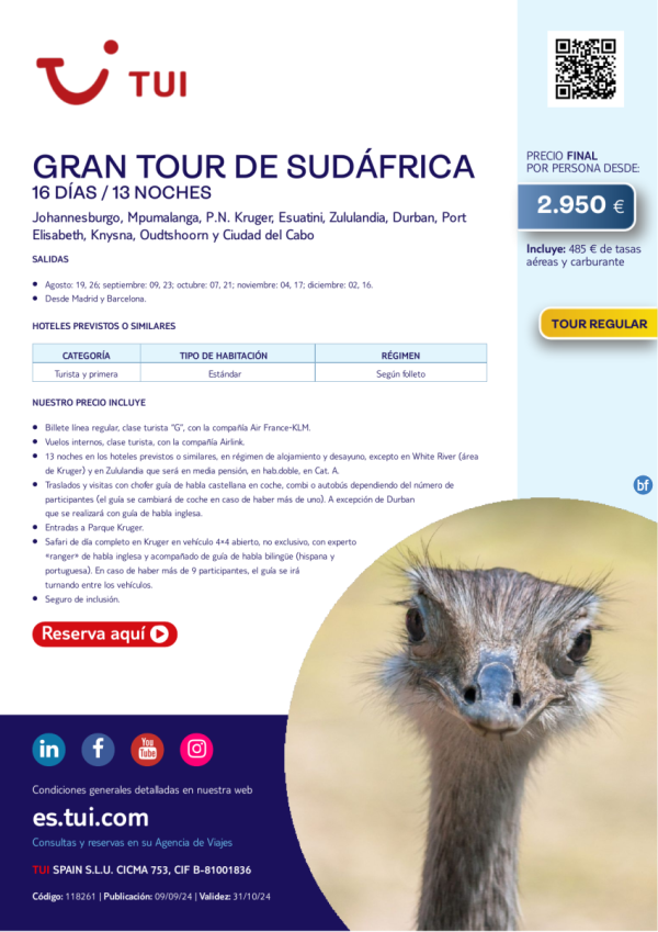 Gran Tour de Sudfrica. 16 d / 13 n. Tour Regular. Salidas hasta dic desde MAD y BCN desde 2.950 € 