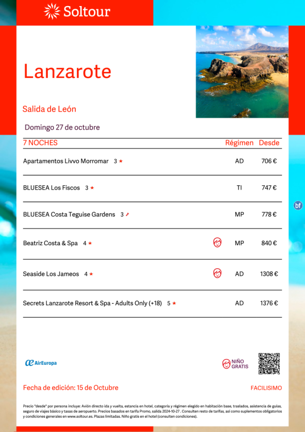 Lanzarote desde 706 € , salida 27 de Octubre desde Len