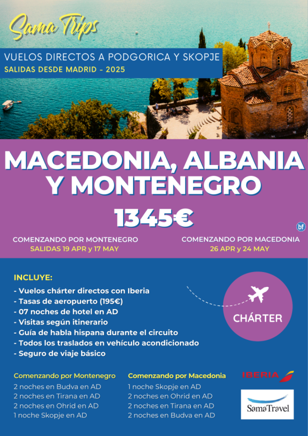 \-Montenegro Albania y Macedonia 2025\- Circuito 8 das + visitas incl[Chrter directo SKP/TGD] *Desde 1345 € *