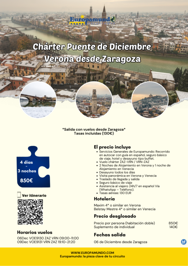 Chrter Puente de Diciembre Verona desde Zaragoza desde 850 € 