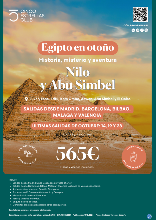 Egipto, Nilo y Abu Simbel 8d/7n lt.sal Oct.19,28 a 565 € + Prom. 150 € +Sin gastos de clx.Rsev.ant 31.10