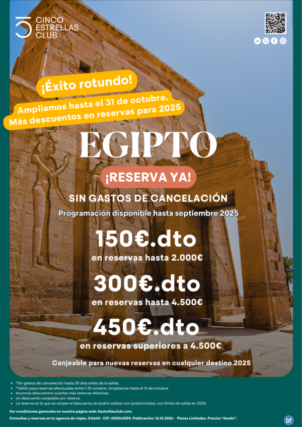 AMPLIAMOS promo hasta 31/10 a EGIPTO nuevos descuentos + sin gastos de cancelacin y progr.hasta sept\'2025