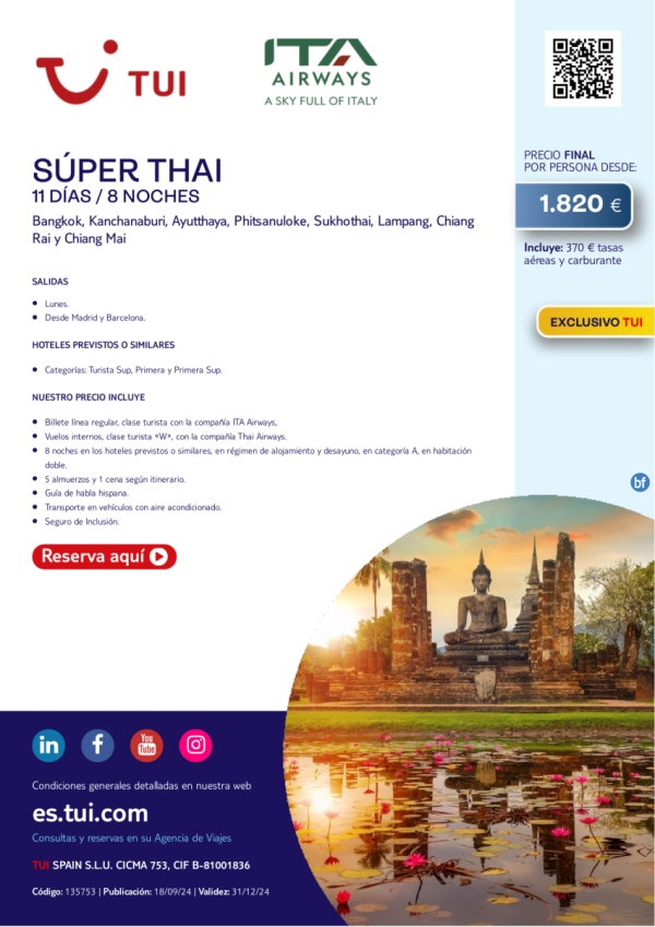 Sper Thai. 11 d / 8 n. Exclusivo TUI. Salida lunes desde MAD y BCN desde 1.820 € 