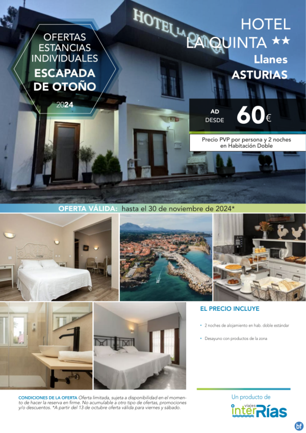 Escapada de Otoo Hotel la Quinta 2* (Llanes - Asturias).- Hoteles para Individuales