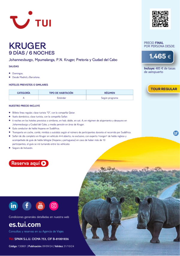 Sudfrica. Kruger. 9 d / 6 n. Tour Regular. Salidas domingos desde MAD y BCN desde 1.465 € 