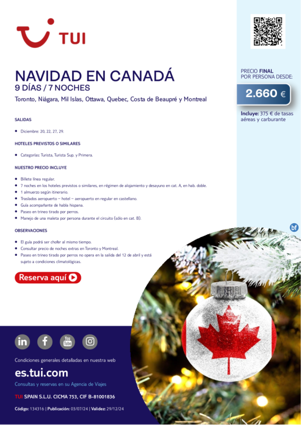 Navidad en Canad. 9 d / 7 n. Salidas diciembre desde 2.660 € 