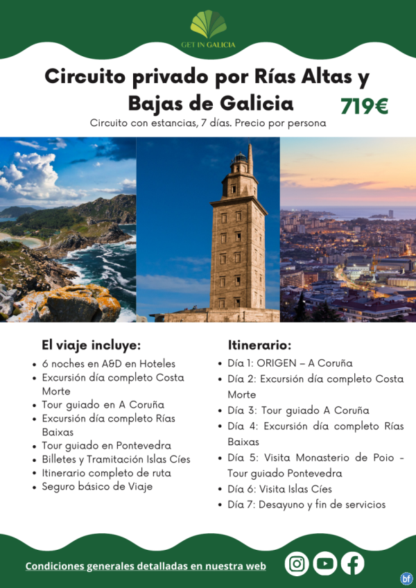 Circuito privado Ras Altas y Bajas de Galicia. 7 das / 6 noches en A&D en Hoteles. Traslados incluidos. 719 € 