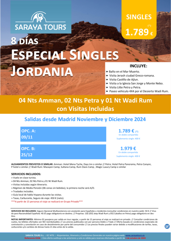 Especial Singles a Jordania 8 das! Circuito con Visitas Incl.: Ammn, Petra, Wadi Rum, Mar Muerto hasta Sep25