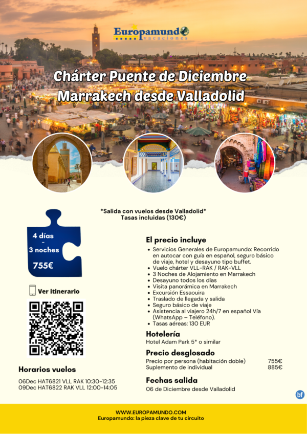 Chrter puente de diciembre Marrakech desde Valladolid desde 755 € 