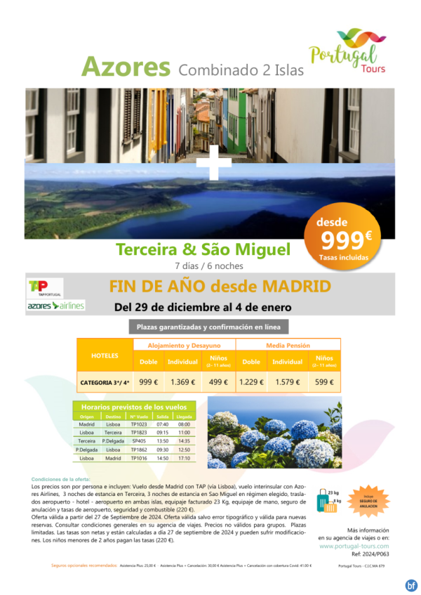 AZORES - Fin de ao - Combinado  Terceira & Sao Miguel *7 das/6 noches* desde Madrid desde slo 999 € 