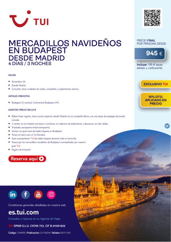 Mercadillos Navideos en Budapest. 4 d / 3 n. Exclusivo TUI. 15% Dto. 05 DIC desde MAD desde 945 € 