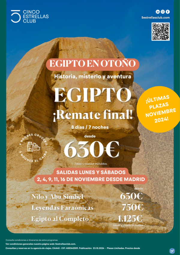 ltimas Plazas Egipto dsd 630 € 8d/7n Nilo y Abu Simbel sal Nov: 2,4,9,11,16 Nov dsd Mad, Bcn, Agp, Vlc.