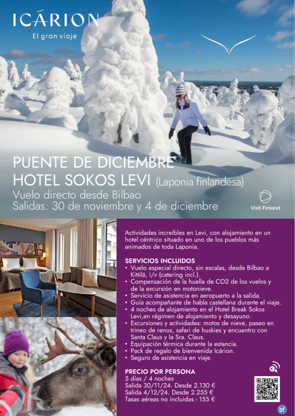 Puente de diciembre en Hotel Sokos Levi. Vuelo directo desde Bilbao. 30 noviembre y 4 diciembre