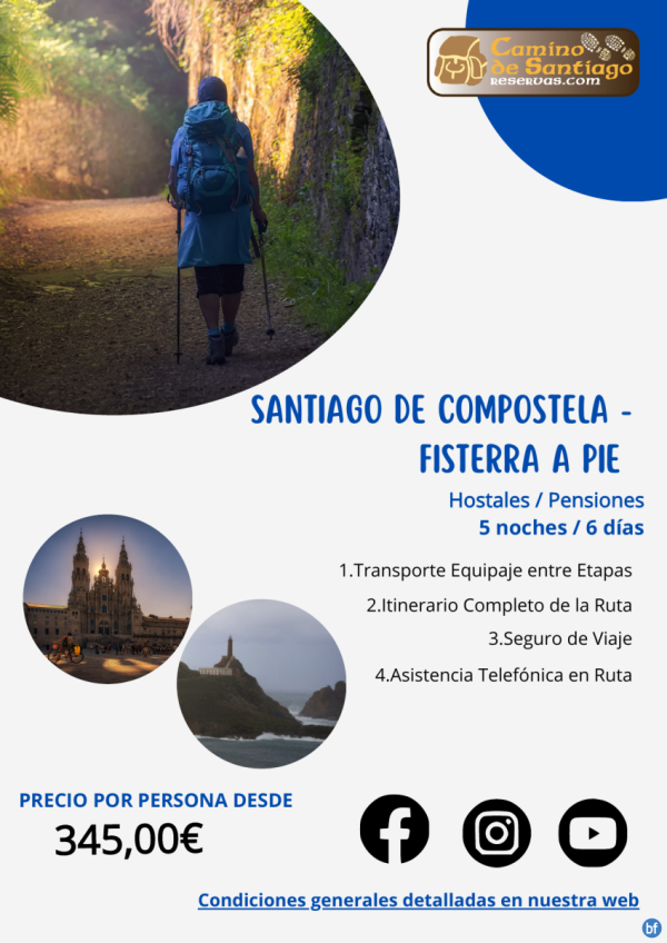 	Santiago de Compostela - Fisterra a Pie. Eplogo a Fisterra. Hostales y Pensiones. 5 Noches/6 Das. 345 € 