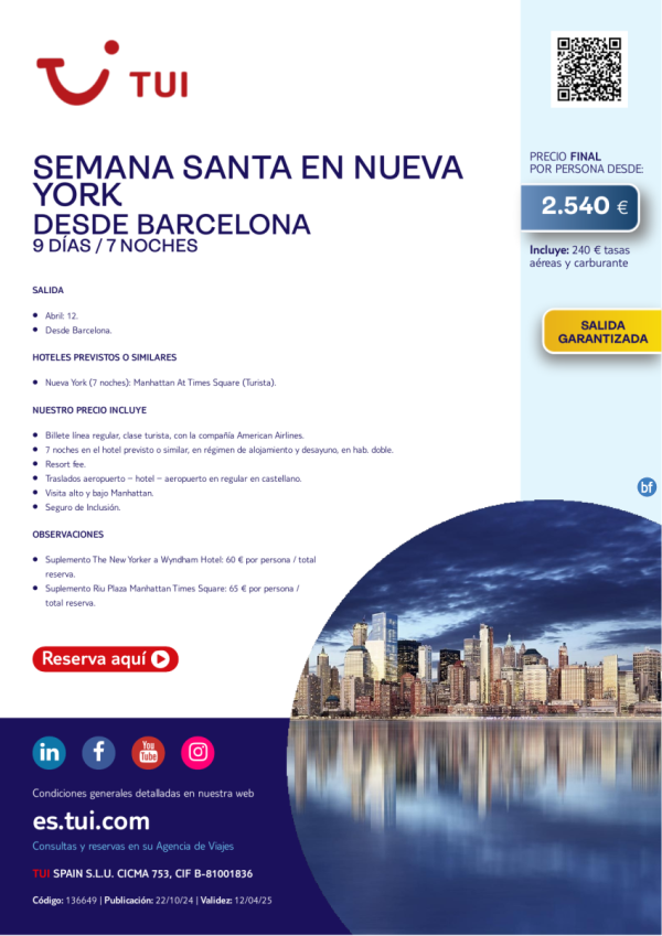 Semana Santa en Nueva York. 9 das / 7 noches. Salida Garantizada 12 ABR desde BCN desde 2.540 € 