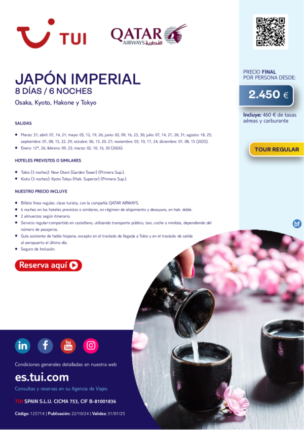 Japn Imperial. 8 das / 6 noches. Tour Regular. Salidas 2025 y 2026 con QR. Desde 2.450 € 