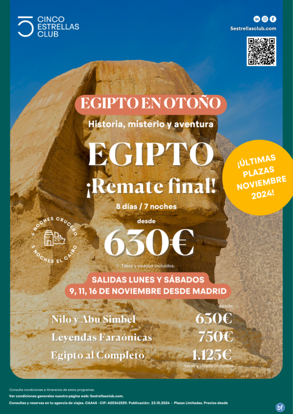 ltimas Plazas Egipto dsd 630 € 8d/7n Nilo y Abu Simbel sal Nov: 9,11,16 Nov dsd Mad, Bcn, Agp, Vlc.