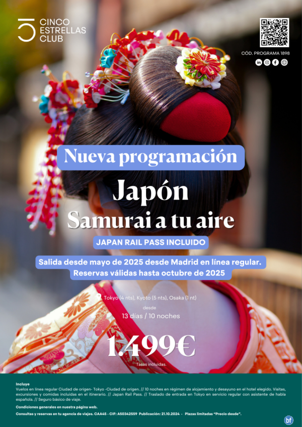 Japn dsd 1.499 € Samurai a tu Aire  13d/10n  sal hasta Oct. 2025 dsd Madrid L.R.  Japan Rail Pass incluido