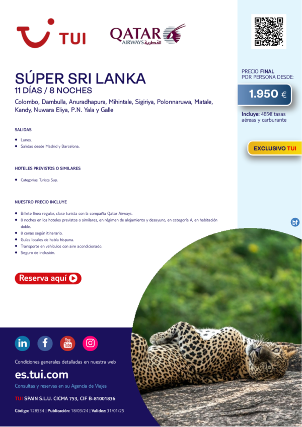 Sper Sri Lanka. 11 das / 8 noches. Exclusivo TUI. Salidas con QR los lunes desde 1.950 € 