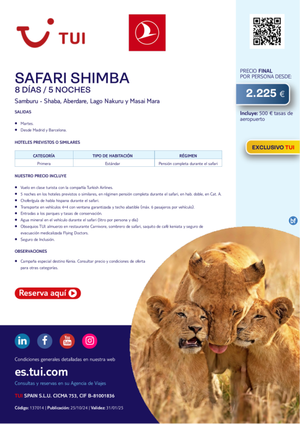 Safari Shimba. 8 das / 5 noches. Exclusivo TUI. Salidas martes con TK desde MAD y BCN desde 2.225 € 