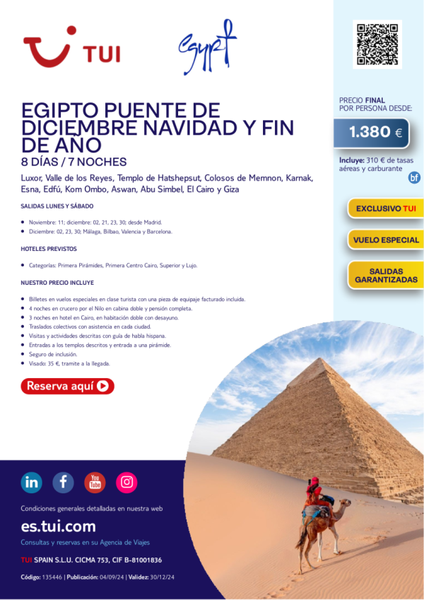 Egipto. Puente de diciembre, Navidad y Fin de Ao. 8 das / 7 noches. Desde varios orgenes desde 1.380 € 