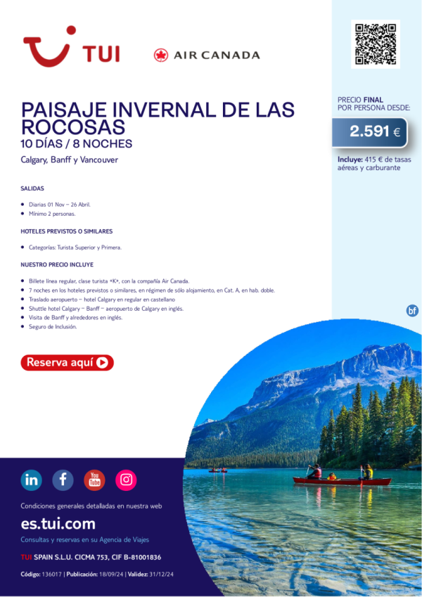 Paisaje Invernal de Las Rocosas. 10 das / 8 noches. Salidas diarias hasta 26 ABR desde 2.591 € 