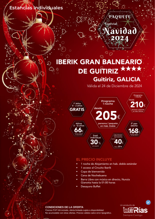 Navidad 2024 Iberik Gran Balneario de Guitiriz 4* (Guitiriz - Galicia).- Hoteles para Individuales