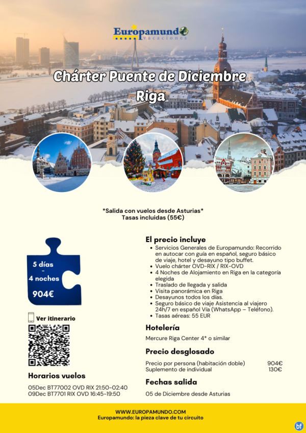 Chrter Puente de Diciembre Riga desde Asturias desde 904 € 