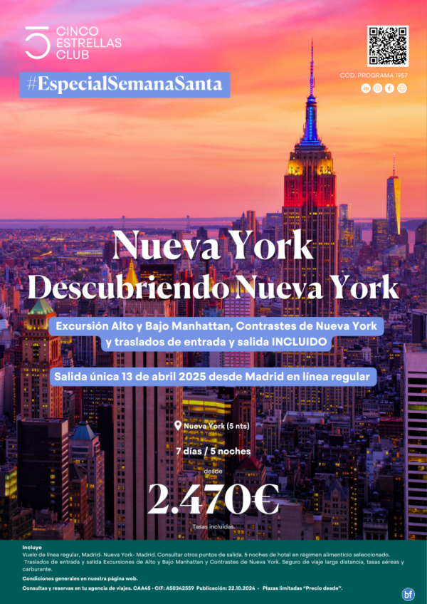 Nueva York  dsd 2.470 € 7d/5n Exc.Alto y bajo Manhattan, Contrastes NY y IN/Out Incluido. Sal. S.Santa 13.04.25