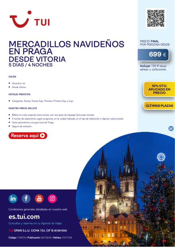 Mercadillos Navideos en Praga. 5 d / 4 n. 10% dto. Salida 04 DIC desde Vitoria desde 699 € 