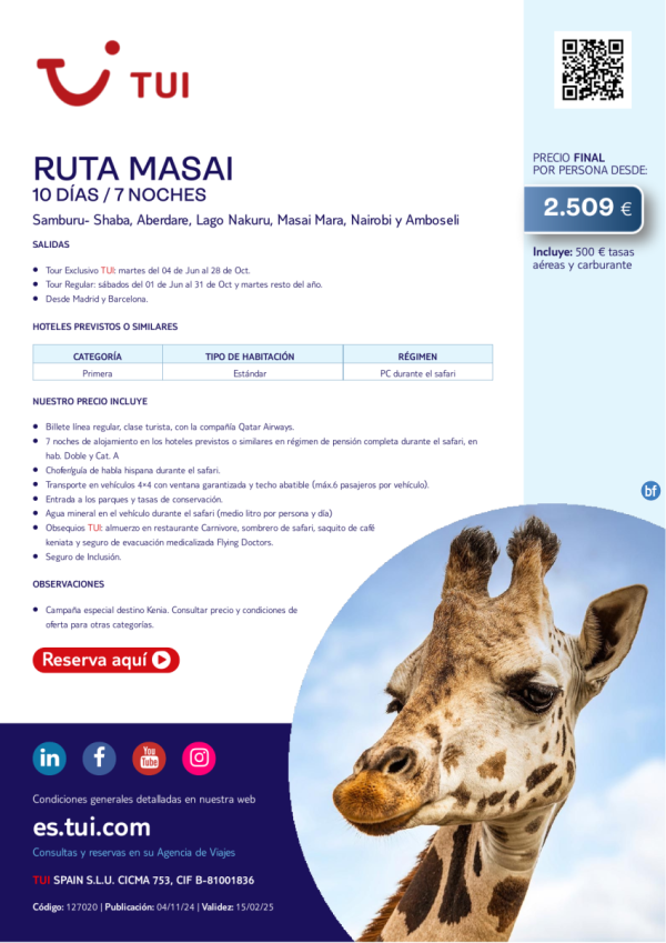 Kenia. Ruta Masai. 10 das / 7 noches desde MAD y BCN desde 2.509 € 