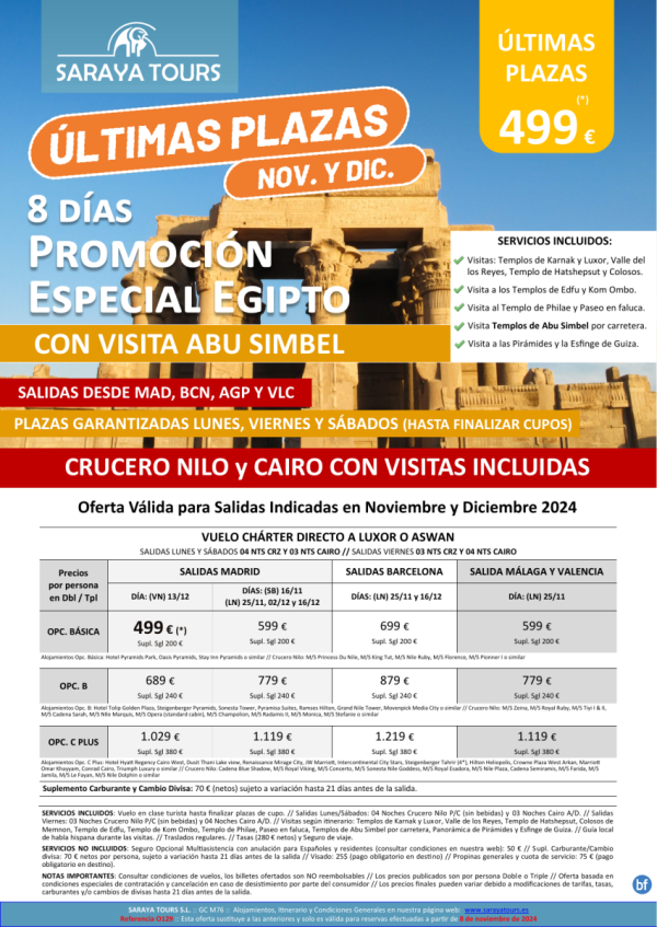 ltimas Plazas: Promo Egipto con Abu simbel dsd 499 € Crucero y Cairo. Visitas Incluidas. Plazas limitadas