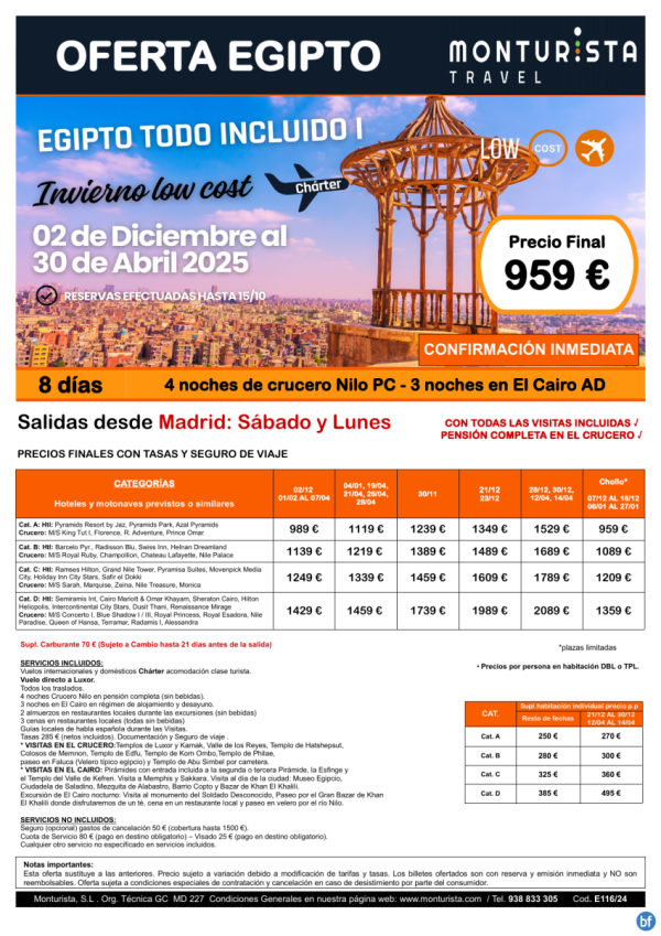 Invierno Low Cost Egipto Todo Incluido I**desde 959-salida Mad de DEC24 a APR25,sb,lun, 4ncruc 3ncai+visitas