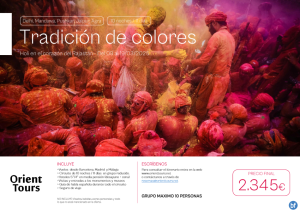 India. Salida Holi fiesta de los colores del 09 al 19 Mar 25. Circuito 10 noches