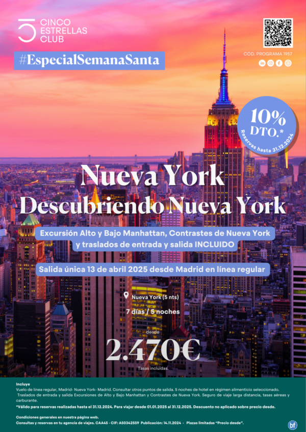 Dto.10% adic. S.STA Descub.Nuva York dsd 2.470 € 7d/5n exc.alto/bajo Manhattan, Contrast NY y in/out Incluid.