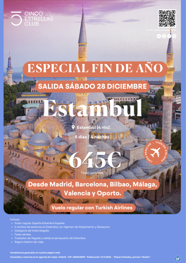 Esp. Fin ao Turquia Estambul  dsd 645 € 5d/4n salida 28.12 dsd Mad,Bcn, Agp,Vlc y Oporto. Reserva ya!!!