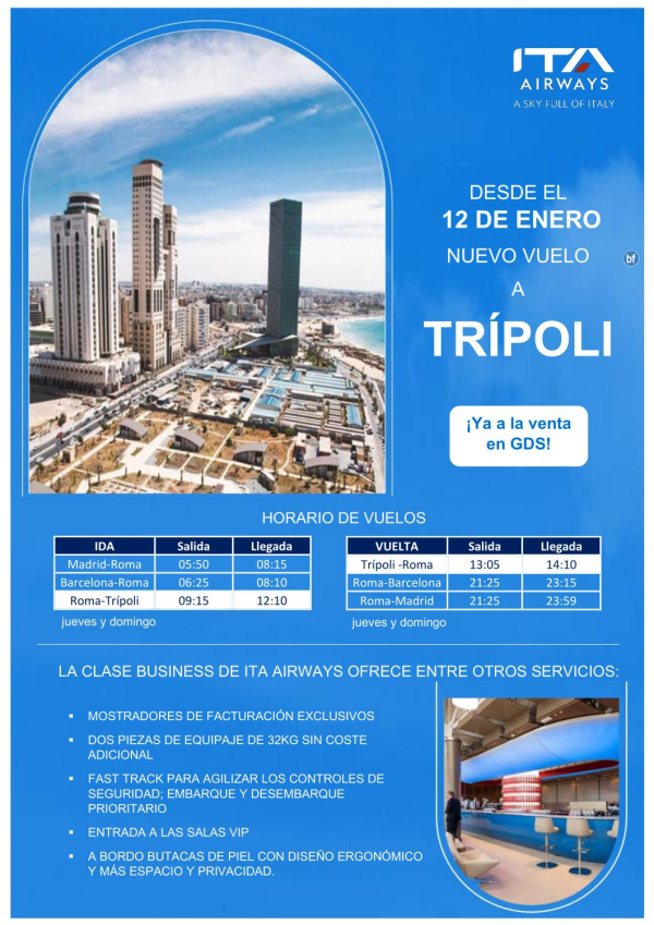 En enero ITA Airways estrenar vuelo a Trpoli. Ya a la venta!