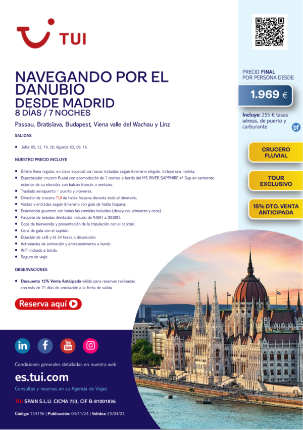 Crucero Fluvial. Navegando por el Danubio. 8 das / 7 noches. 15% Dto VA. Desde MAD desde 1.969 € 