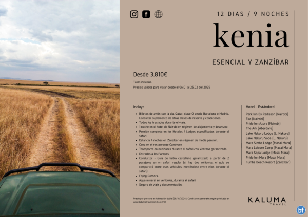 Kenia Esencial y Zanzbar 12 Das / 9 Noches Salidas hasta Junio desde 3.475 € 